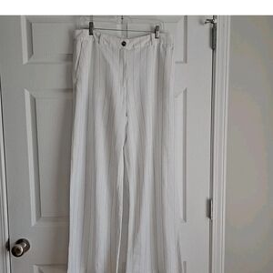 Wide Leg High Rise Pants Trousers White Gray Stripe Linen Blend Pockets Women 10